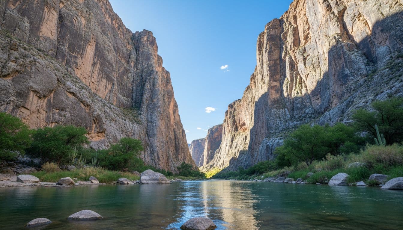 Massive limestone cliffs rise above the flowing Rio Grande river on a sunny day in Big Bend.