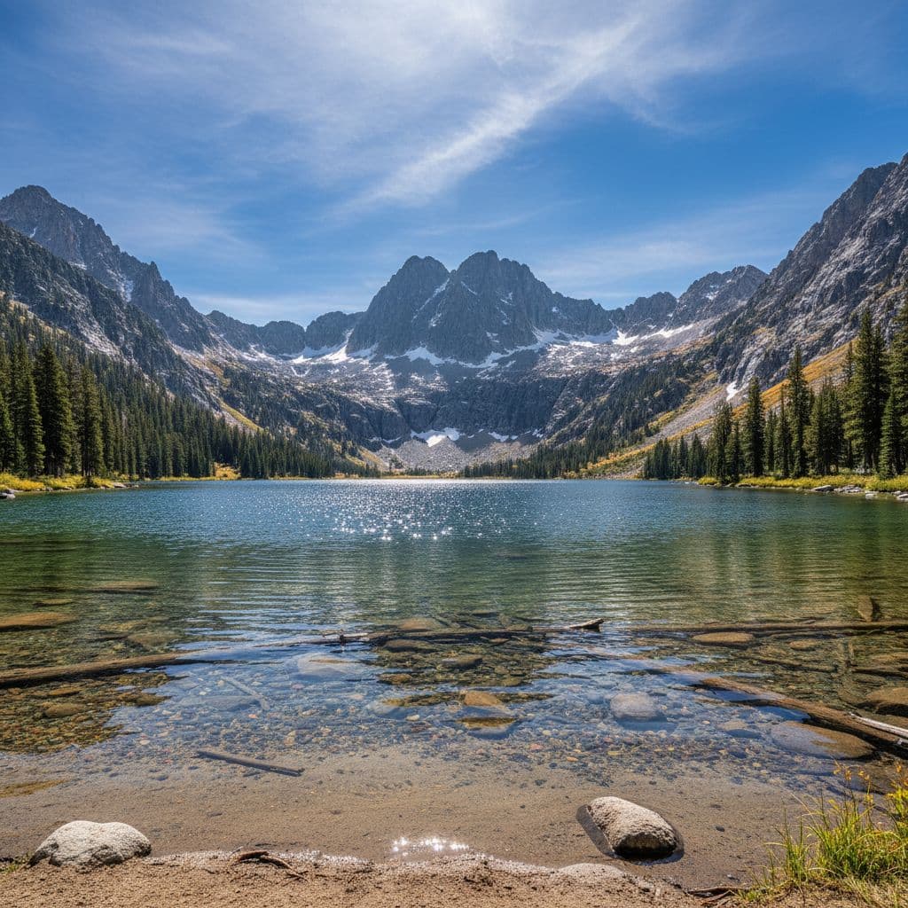A clear alpine lake sits beneath jagged mountain peaks under a vibrant blue sky.