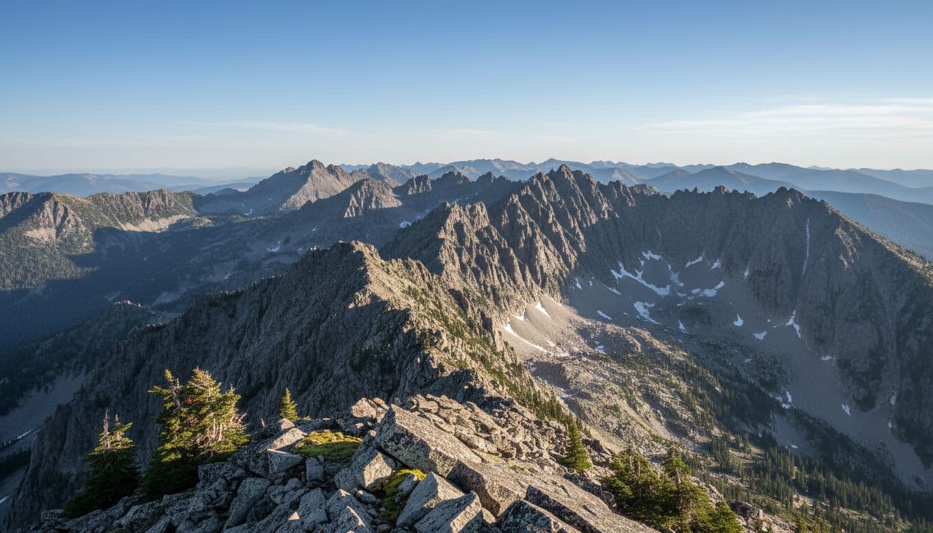 A wide perspective overlooking jagged granite mountain peaks under a clear sky.