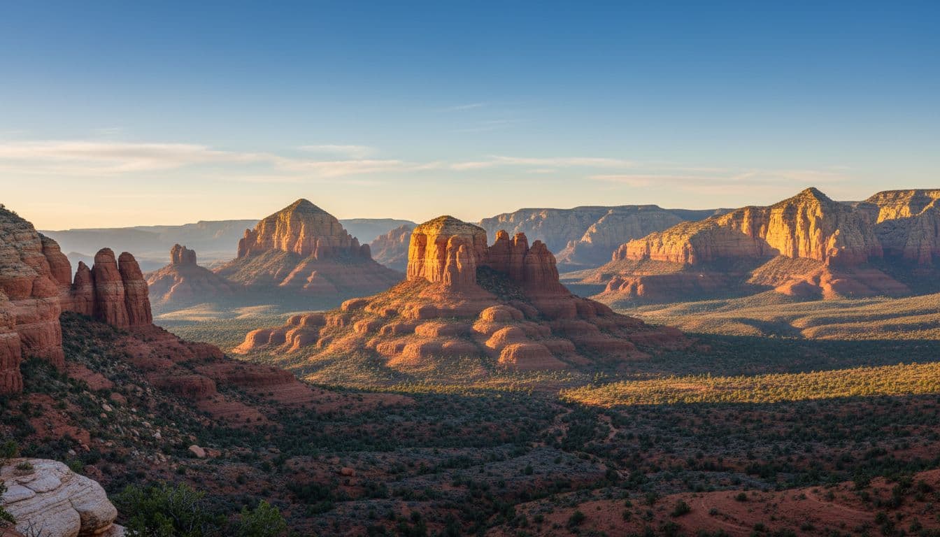 Formasi batuan merah di Sedona saat matahari terbit dengan Bell Rock di kejauhan di bawah langit biru cerah.