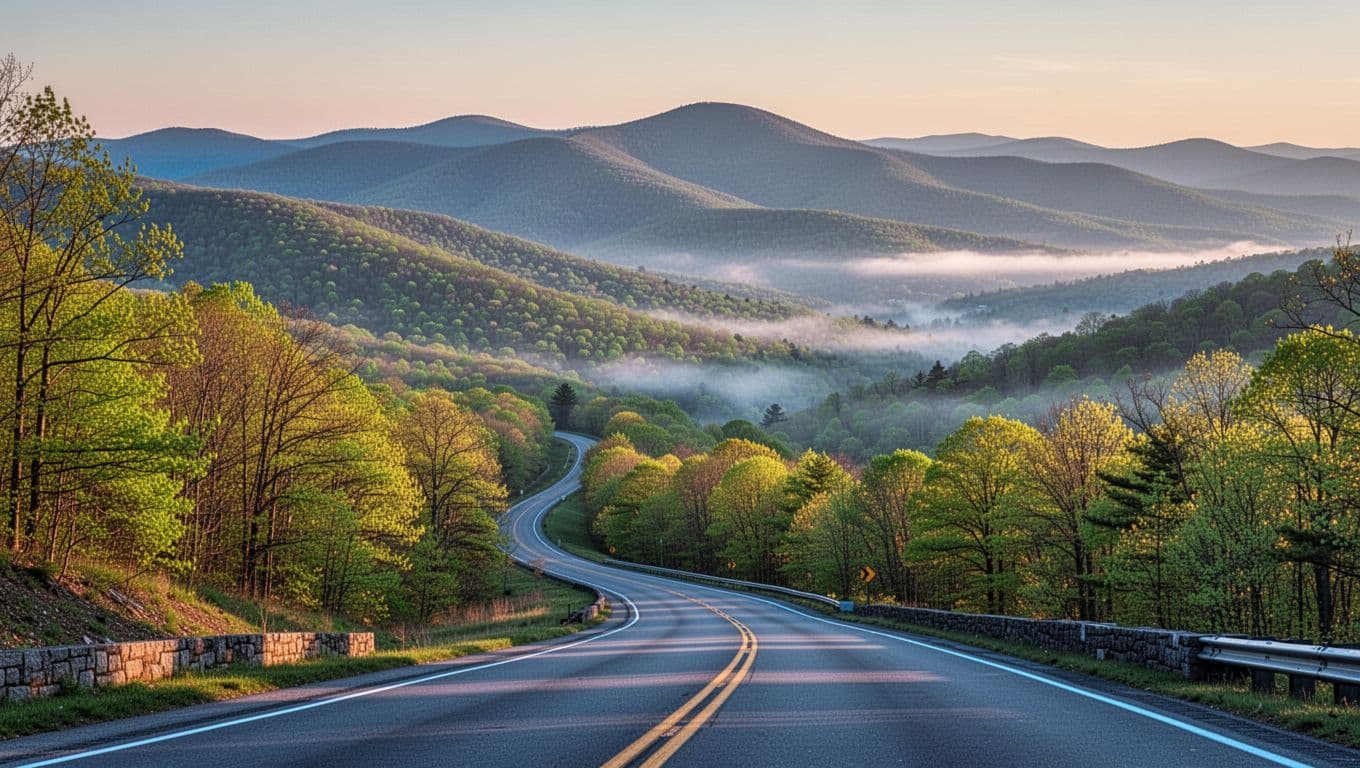 Pemandangan panorama Skyline Drive yang berkelok-kelok melalui Pegunungan Blue Ridge yang hijau subur dengan lembah berkabut pada jam emas.