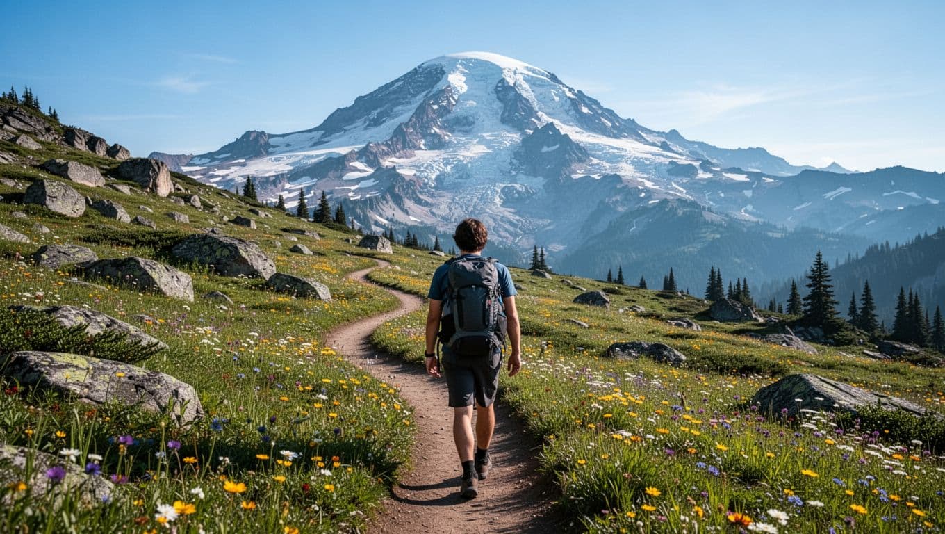 Trail winds through wildflower meadows and rocks with Mount Rainier looming behind a lone hiker on sunny day.