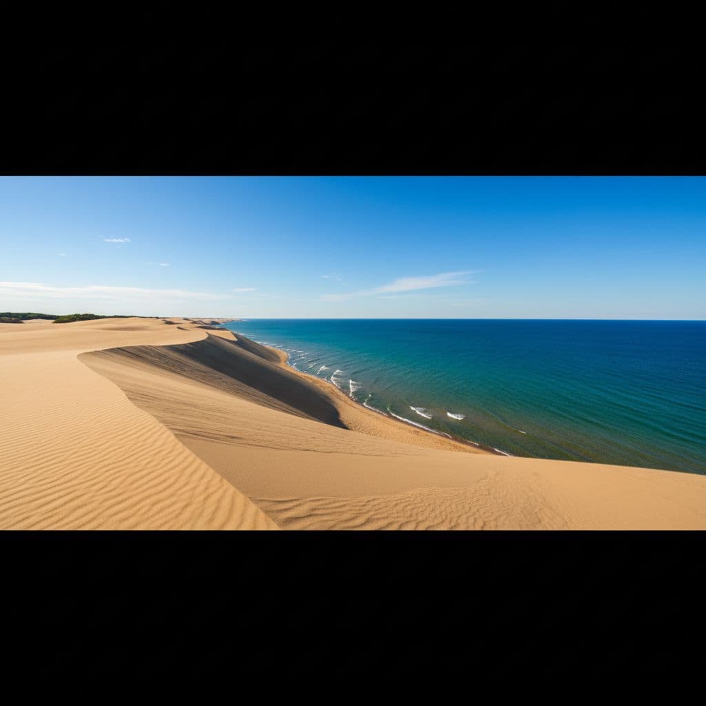 Bukit pasir besar melandai menuju perairan biru Danau Michigan yang luas di bawah langit cerah.