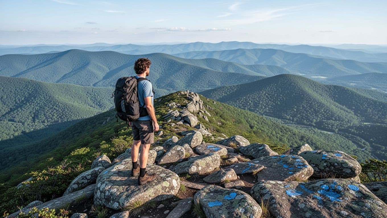 Pejalan kaki dengan ransel berdiri di puncak berbatu Stony Man yang menghadap ke punggung bukit dan lembah Blue Ridge yang subur.