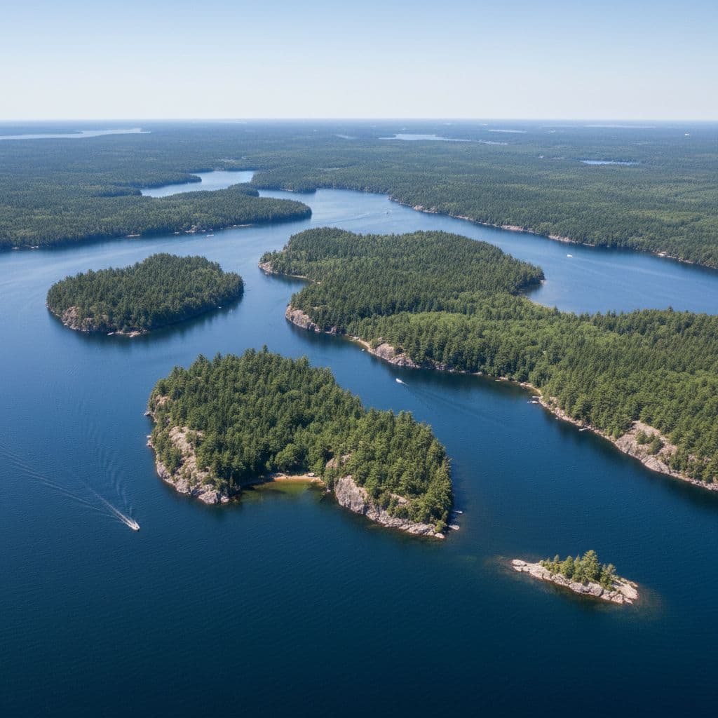An aerial view captures the rocky islands, dense pine forests, and deep blue waterways of Voyageurs National Park.