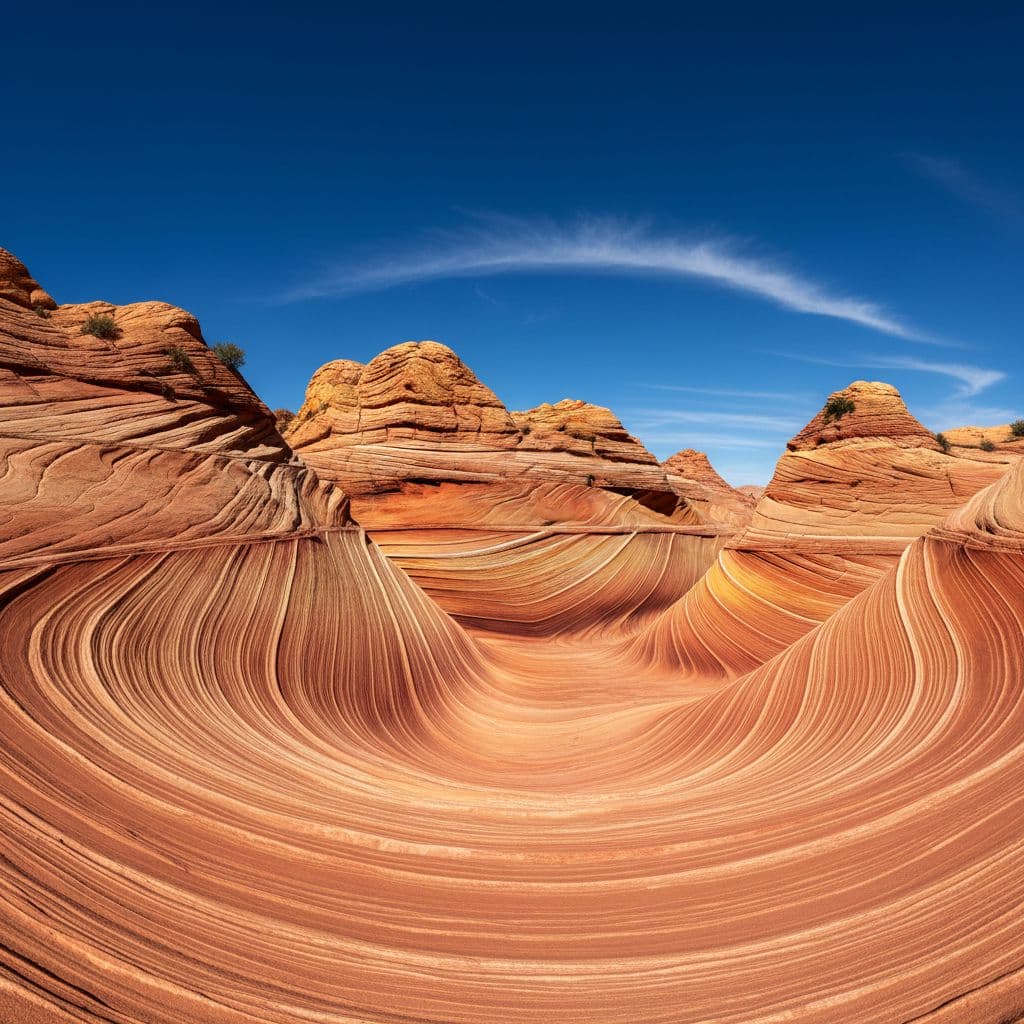 Smooth red and orange sandstone layers swirl across the landscape in a rhythmic, flowing pattern. Under a vibrant blue sky, the arid desert terrain exhibits clean lines and dramatic geological textures.