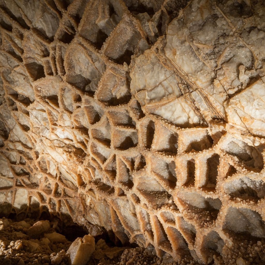 Close-up of intricate honeycomb-like boxwork rock formations in a cave with warm lighting and shadows.