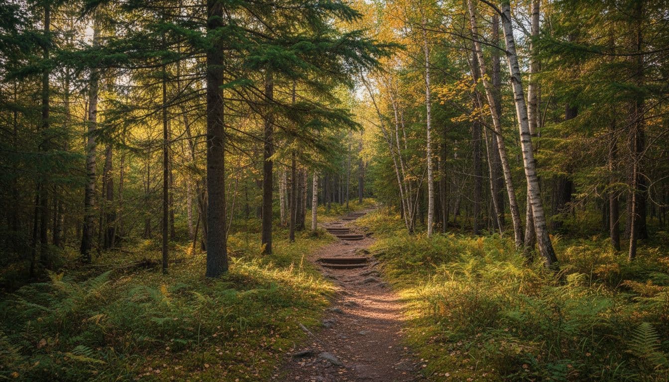 A winding path leads through a dense forest of pine and birch trees with filtered sunlight.