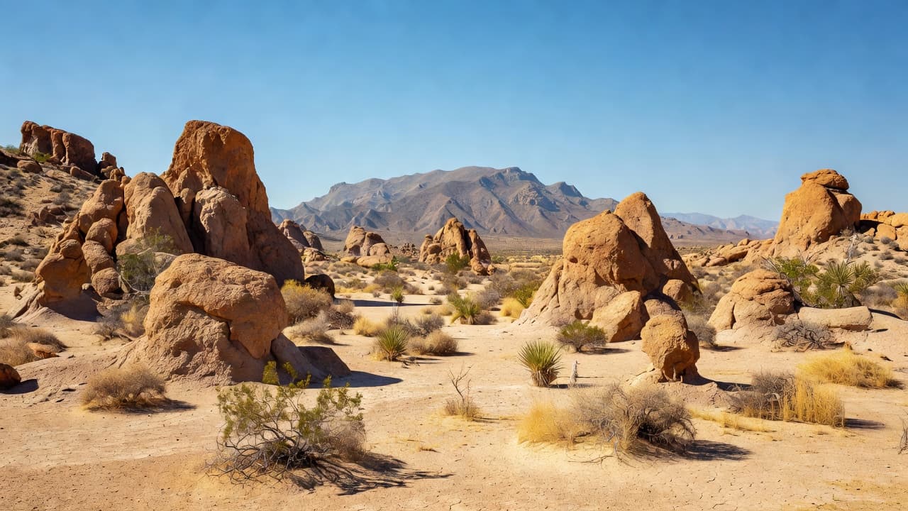 Massive jagged rock formations tower over the sprawling Chihuahuan desert floor in Texas. A distant, faded mountain range stretches across the horizon under an expansive and cloudless bright blue sky.
