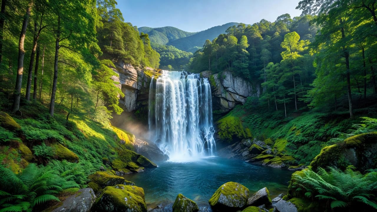 Air terjun yang kuat turun dari tebing berbatu yang gelap ke dalam cekungan yang jernih. Hutan hijau lebat mengelilingi air terjun, menampilkan pakis subur dan bebatuan berlumut yang diterangi sinar matahari pagi yang lembut.