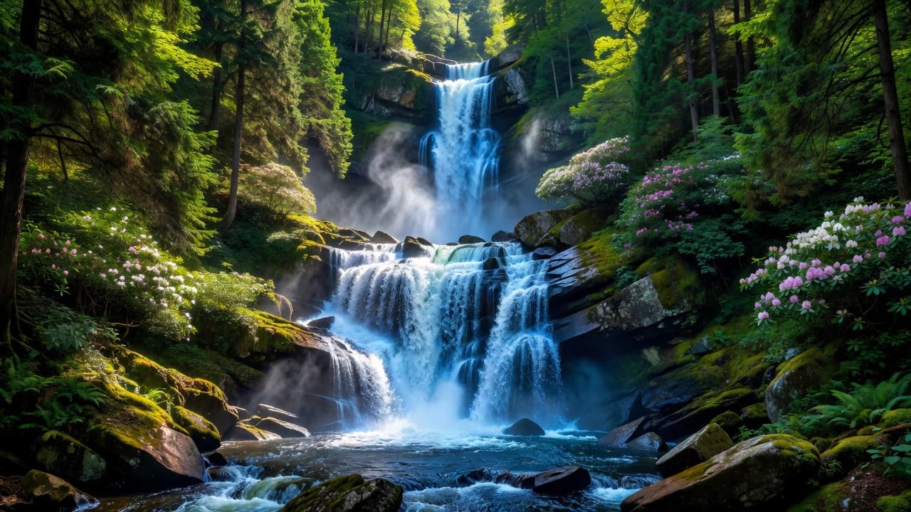 Air terjun yang kuat mengalir dari tepian batu berlumut ke dalam cekungan berbatu yang dikelilingi oleh dedaunan hutan yang lebat dan subur. Air biru cerah sangat kontras dengan warna alam yang dalam dan bersahaja.