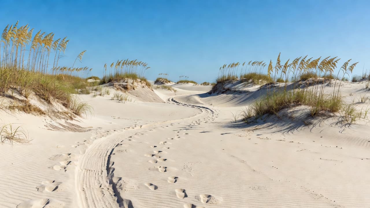 A narrow sandy path weaves between rolling dunes covered in green sea oats under a vast, clear blue sky. The gentle slopes create a scenic, sunlit route near the ocean shore.