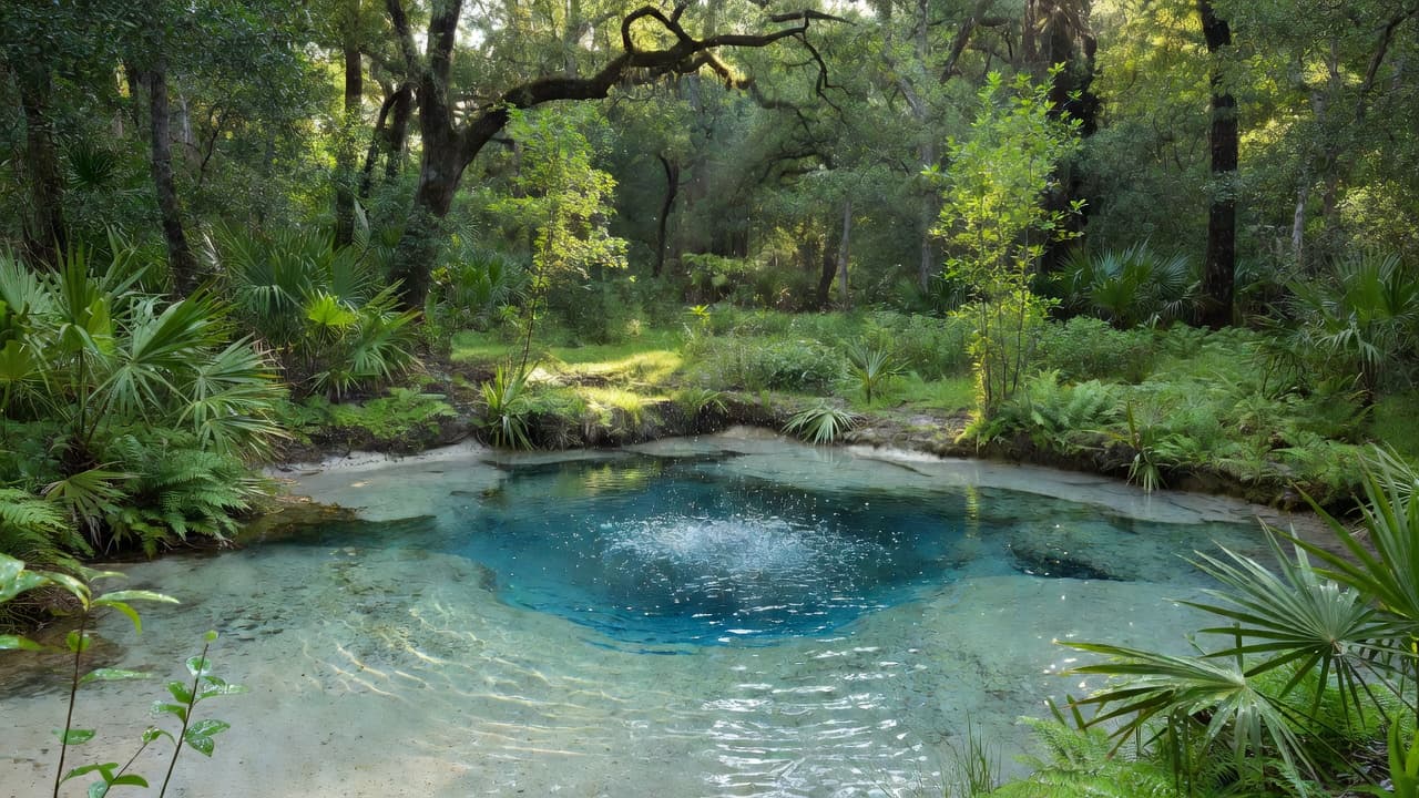 Clear turquoise water bubbles from a sandy limestone vent surrounded by dense green ferns and mossy cypress trees. Sunlight filters through the overhead canopy to illuminate the vibrant underwater rocks.