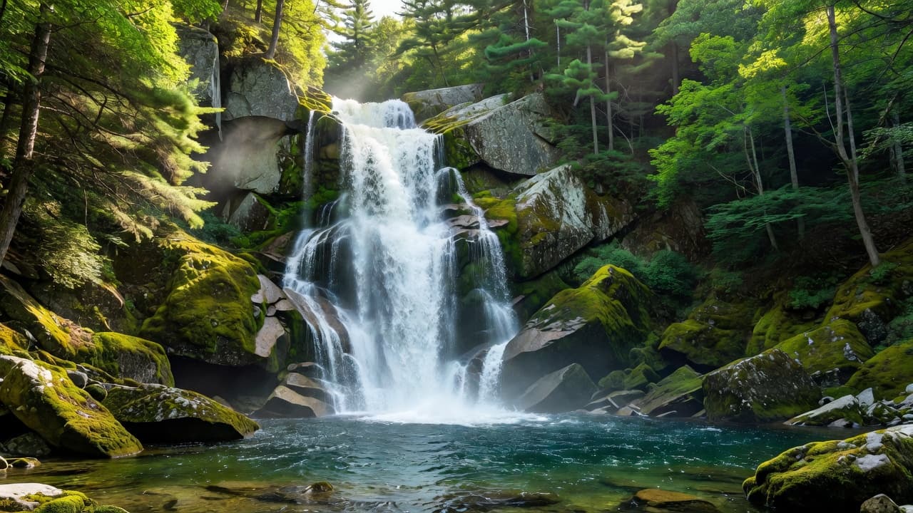 Water cascades down layers of moss-covered granite cliffs into a clear, tranquil pool below. Sunlight filters through the dense surrounding canopy, illuminating the mist and lush green ferns nearby.