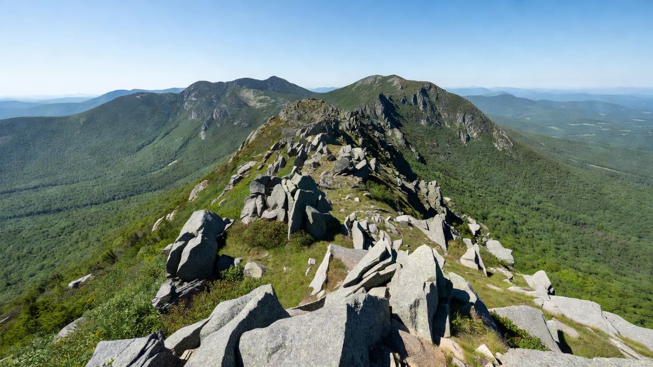 Jagged granite rock formations stretch across a mountain ridge under a vast clear blue sky. A lush green valley sits far below the rugged, sunlit peaks of the New Hampshire wilderness.