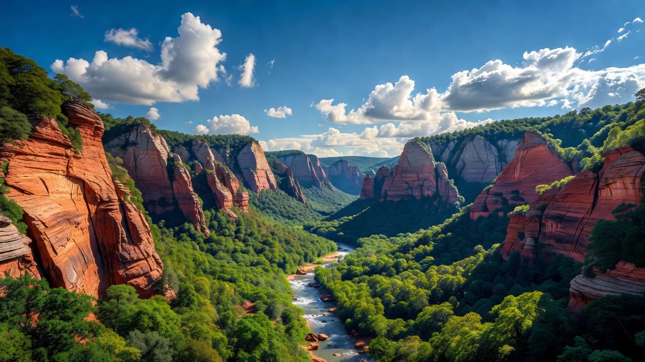 Tebing batu pasir merah cerah menjulang di atas kanopi hutan hijau yang lebat di bawah langit biru yang luas. Perspektif panorama menangkap medan terjal yang luas di kawasan hutan belantara Kentucky.