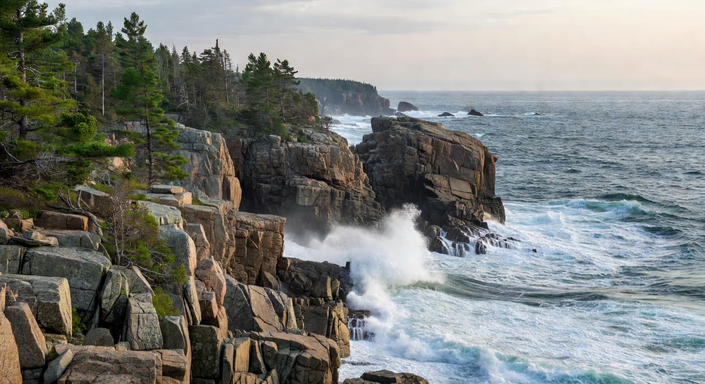 Massive granite cliffs rise above the churning Atlantic Ocean as waves crash against the rocky base. Dense pine trees border the cliff edge under soft, natural daylight in a coastal wilderness.