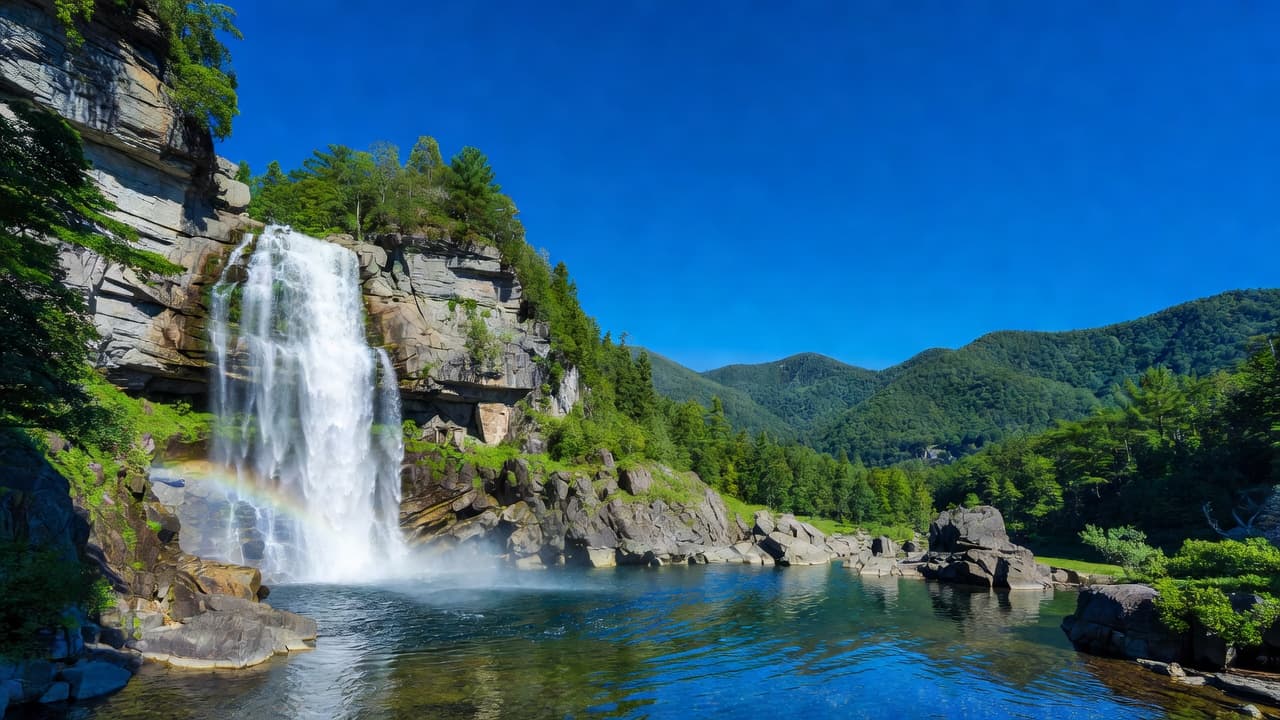 Air terjun yang kuat mengalir dari tebing batu terjal ke dalam cekungan berkabut di bawahnya. Lapisan pegunungan hijau subur membentang ke arah cakrawala di bawah langit biru cerah yang cerah.