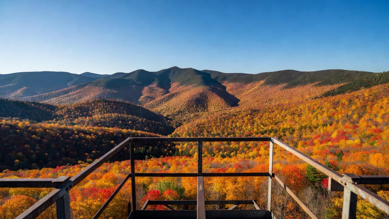Pagar logam berkarat membingkai pemandangan panorama pegunungan Vermont yang ditutupi dedaunan musim gugur yang semarak. Lantai hutan bersinar dengan nuansa oranye terang, merah tua, dan kuning di bawah langit cerah.