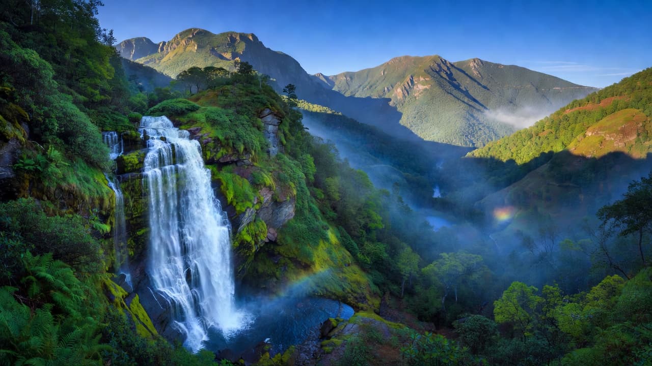 Air terjun bertingkat mengalir menuruni tebing hijau menuju lembah yang dalam. Puncak gunung berwarna biru di kejauhan diterangi oleh cahaya fajar yang lembut, menciptakan pemandangan alam liar yang tenteram dan megah.