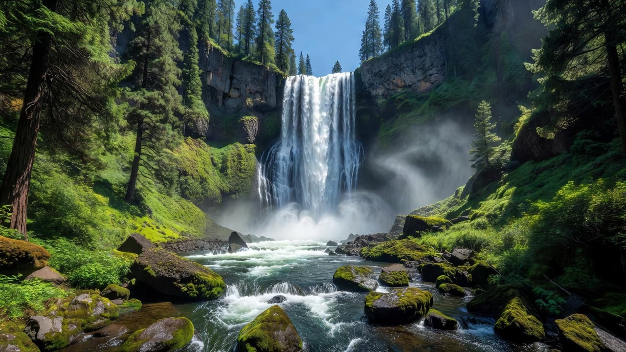 A cascading waterfall surrounded by mossy rocks and tall pine trees in Oregon.