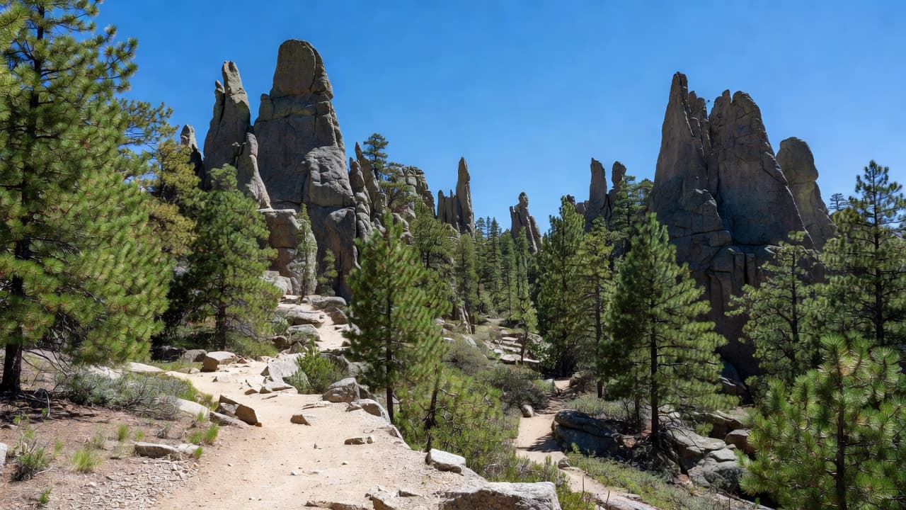Jalan tanah berkelok-kelok melintasi lanskap berbatu yang dipenuhi menara granit yang menjulang tinggi dan pepohonan pinus yang rimbun. Langit biru cerah dan cerah menggantung di atas daerah pegunungan South Dakota yang terjal.
