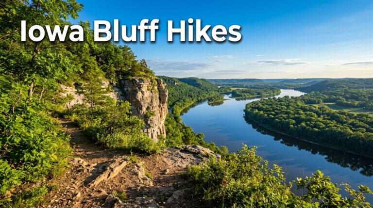 A wooded hiking trail along an Iowa limestone bluff overlooking the Mississippi River in morning light.