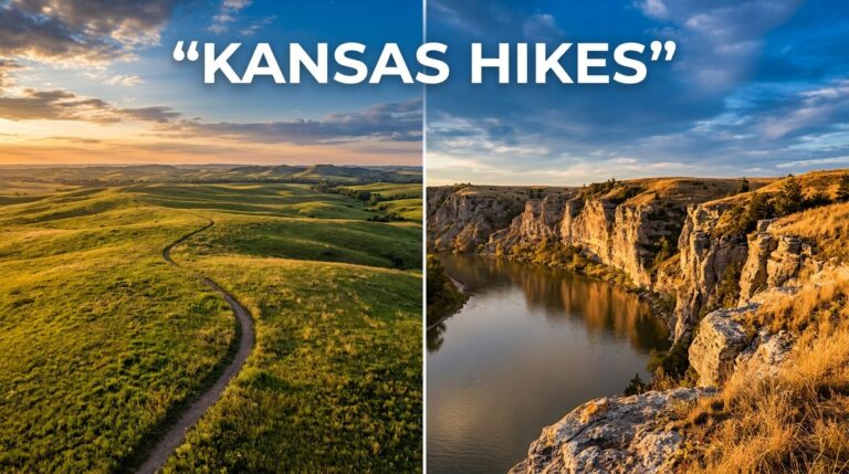 Split-screen Kansas scenery shows a prairie trail and limestone bluffs beneath a blue sky.