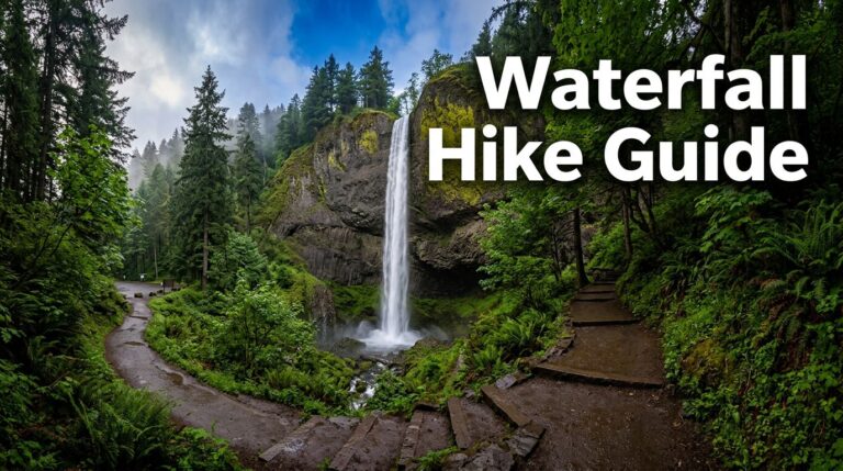 A towering waterfall plunges beside mossy cliffs and a wet hiking trail in a green forest.