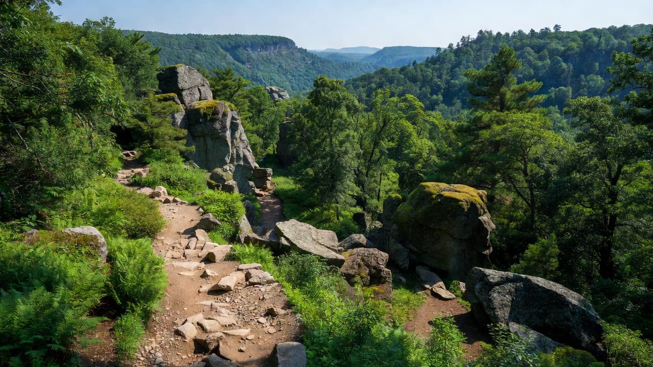 A winding dirt path snakes through a lush green forest flanked by massive glacial rock formations. Distant rolling hills are visible under bright daylight, highlighting the rugged terrain and natural beauty.