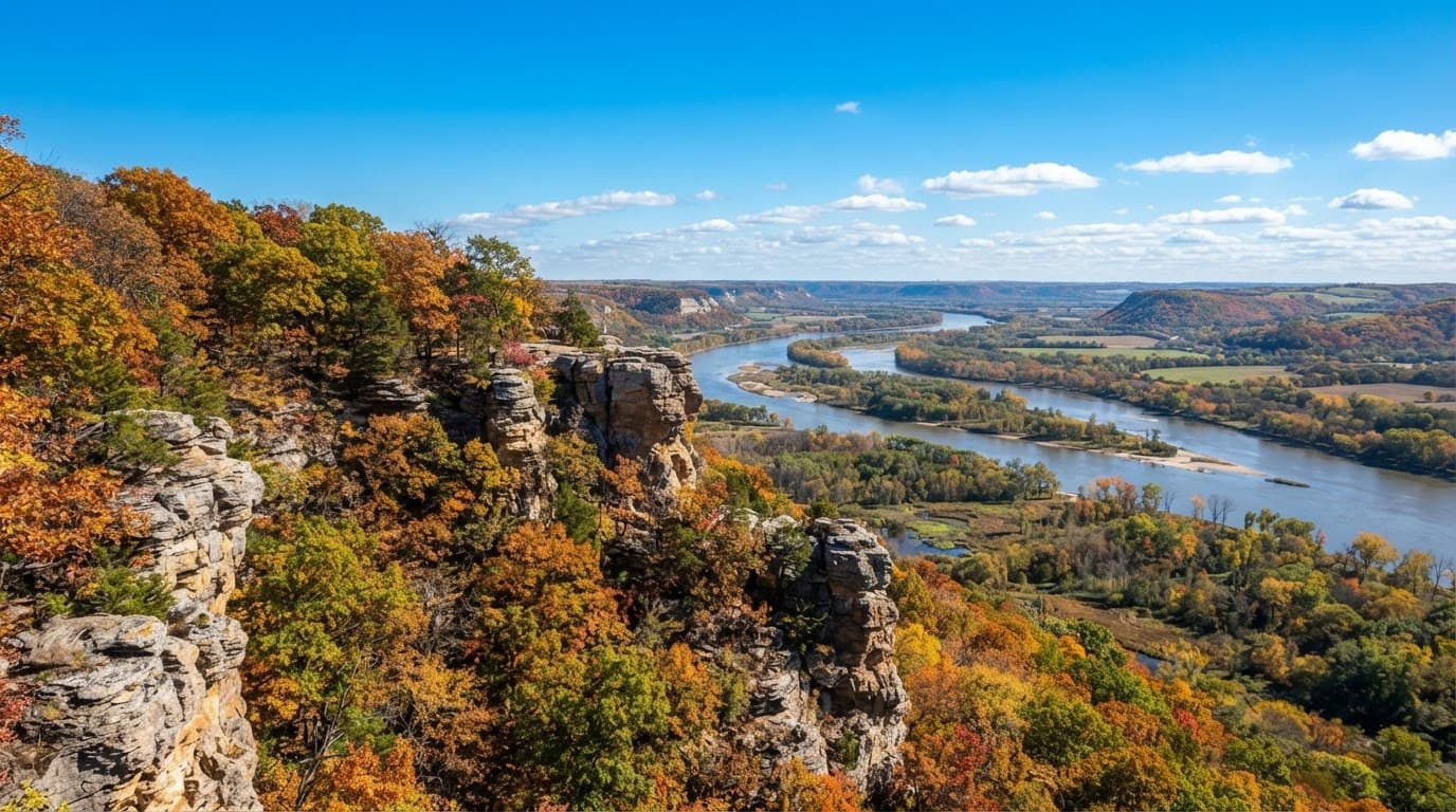 A limestone bluff overlooks a wide river valley filled with autumn foliage.
