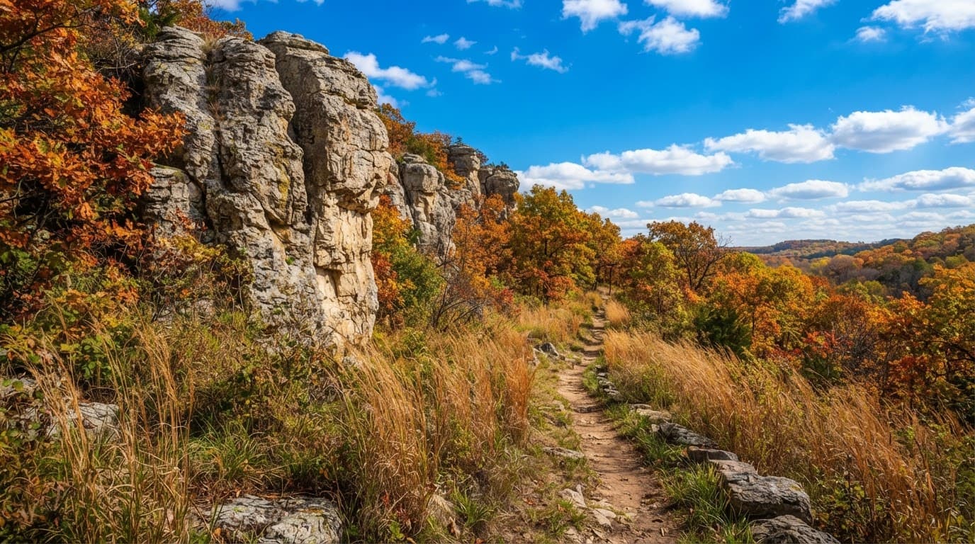 A hiking trail winds below limestone bluffs and autumn trees in Kansas.