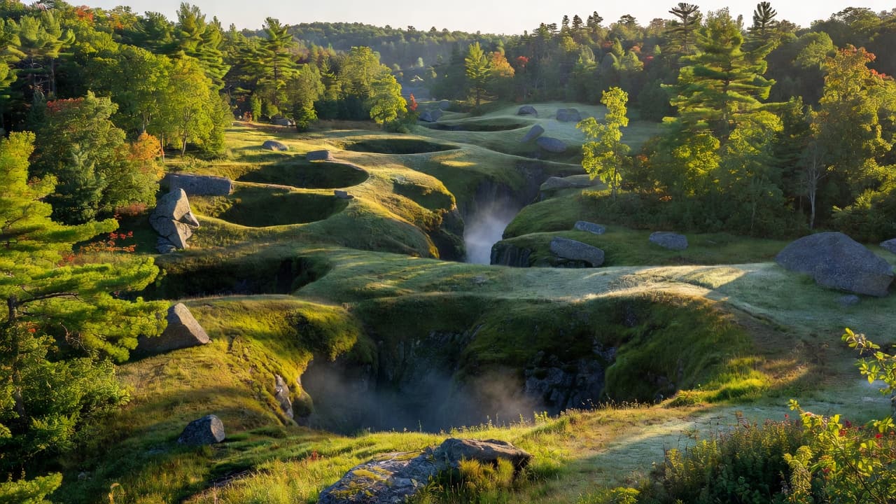 Sunlight illuminates a valley floor dotted with large granite boulders and deep, circular depressions. Dense forest edges frame the rolling topography, showcasing classic geological formations carved by ancient glacial activity long ago.