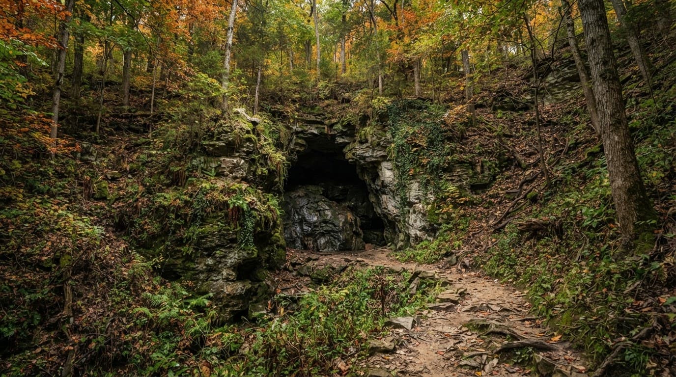 A dark limestone cave opening tucked into a wooded hillside.