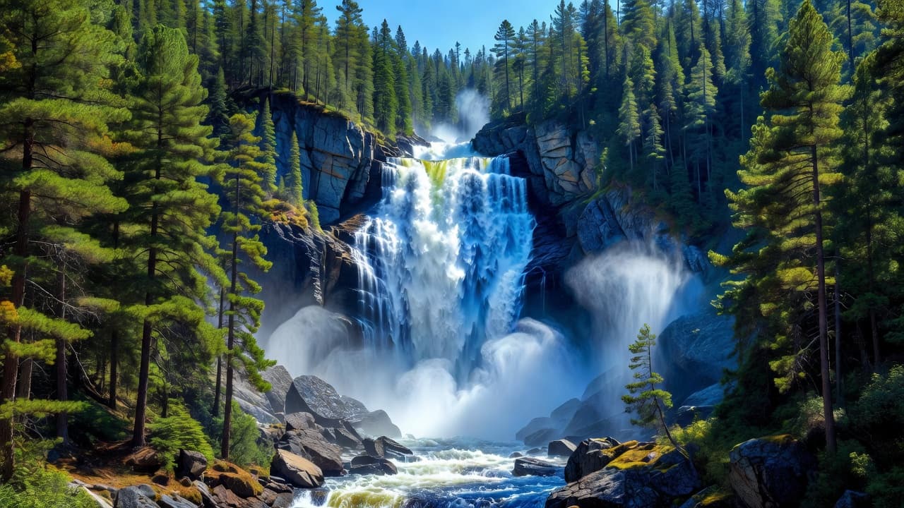Air terjun megah mengalir menuruni tebing berbatu yang dikelilingi pepohonan pinus di hutan lebat.
