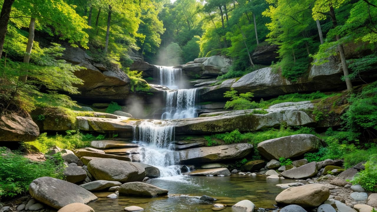 Water flows over limestone ledges in a lush green Missouri Ozark forest.