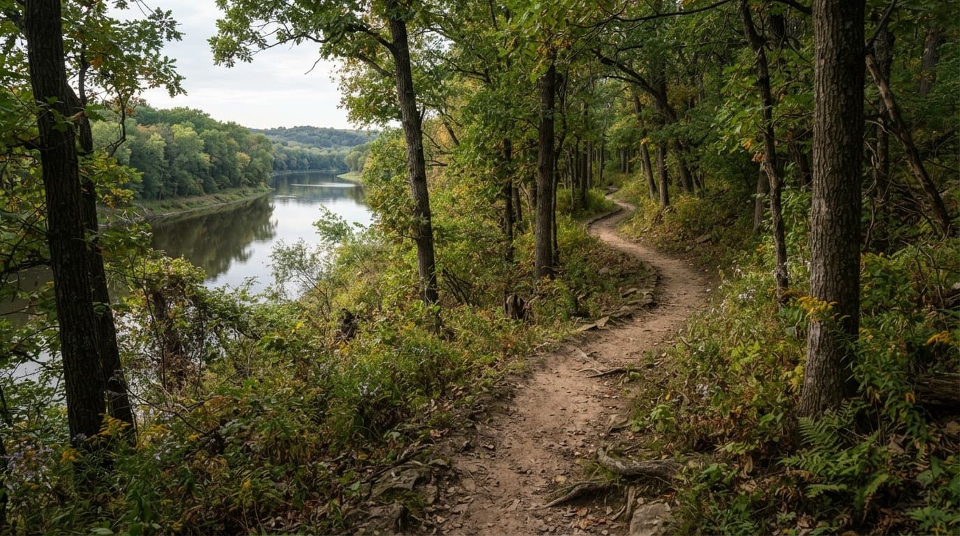 A narrow dirt path winds through a dense forest along a riverbank.