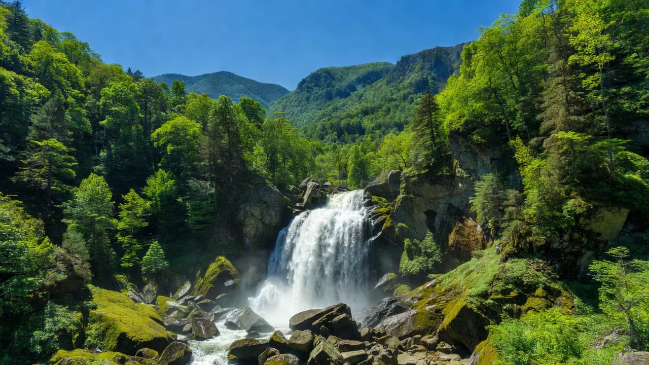A majestic waterfall flows down rocky cliffs into a lush green forest valley.