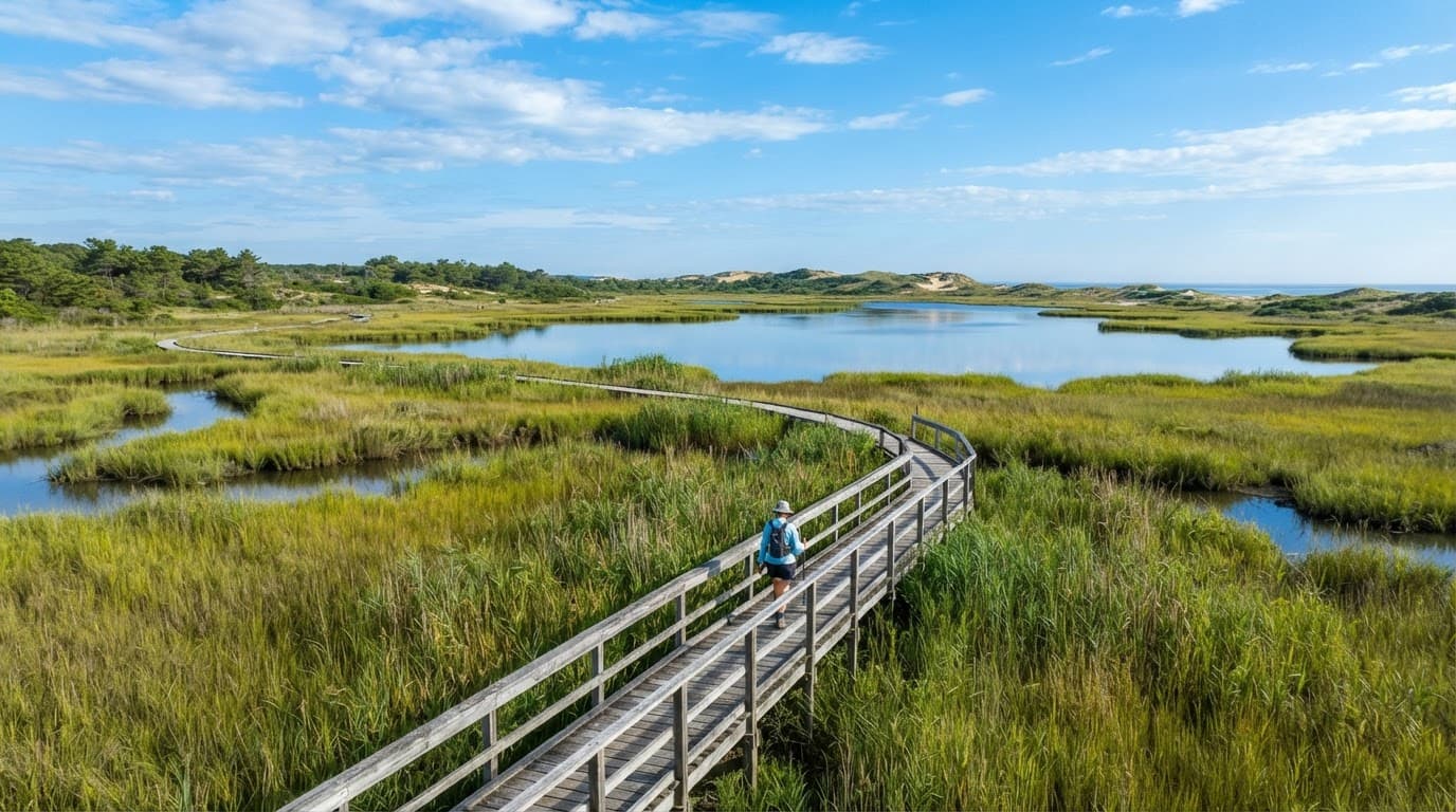 A lone hiker crosses a boardwalk through tall grasses beside calm blue water.