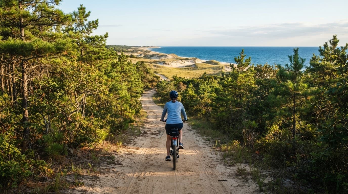 One cyclist rides a bicycle on a sandy coastal trail.