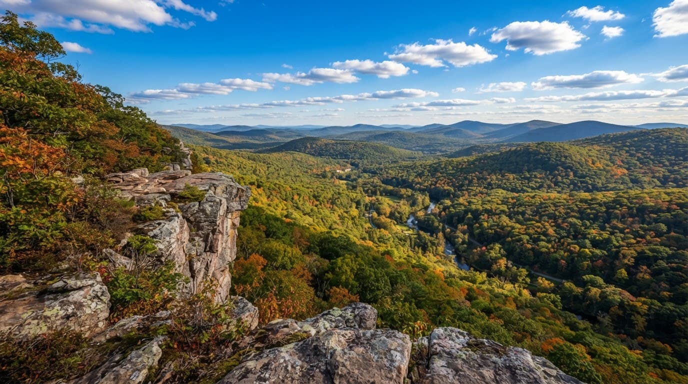 A rocky ledge overlooks a green forest valley and rolling hills beneath a blue sky.