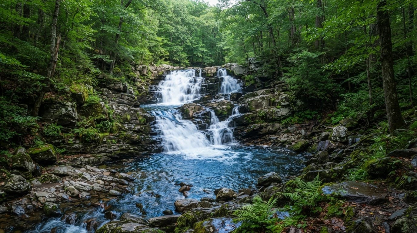 Waterfall flowing over rocks through a lush green Connecticut forest.