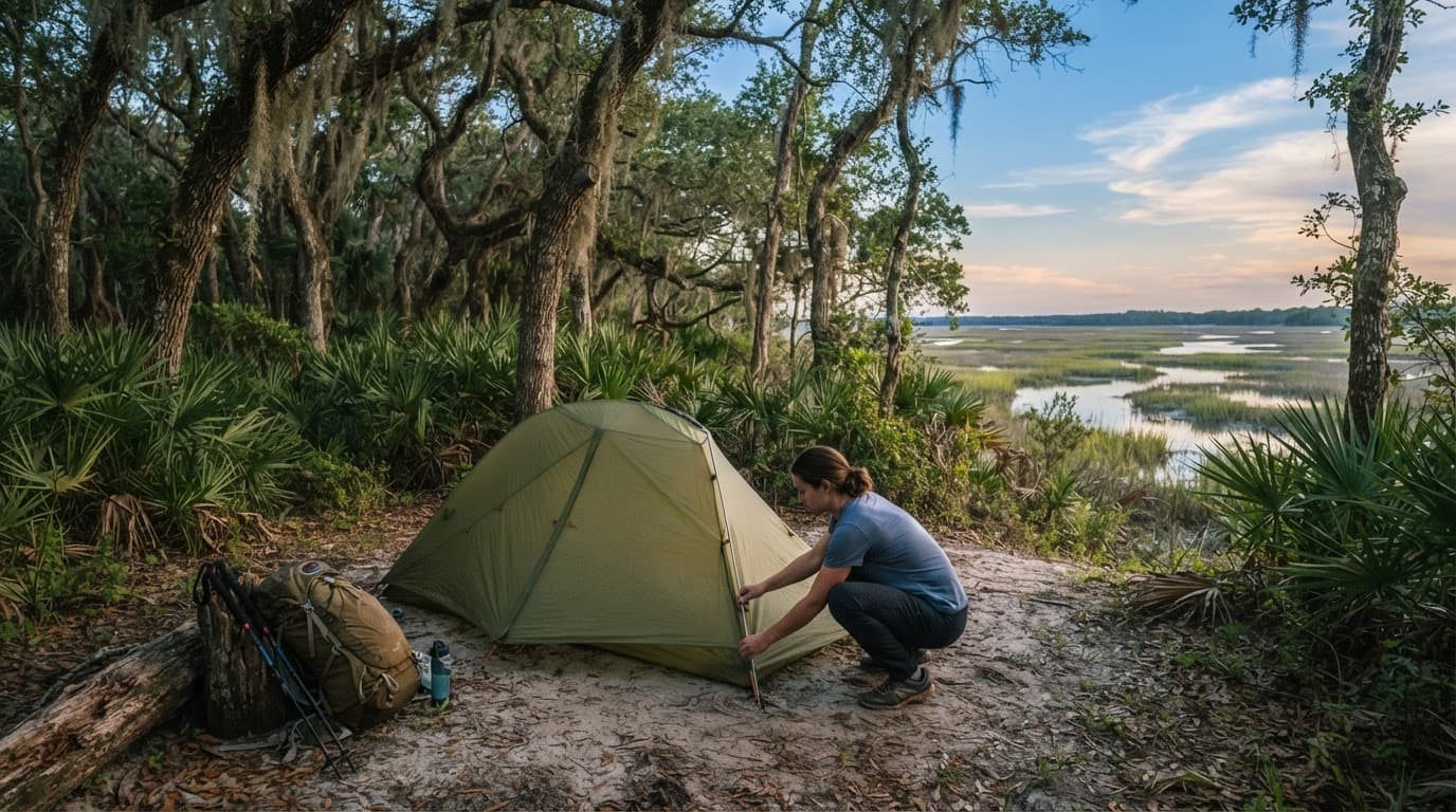 A hiker sets up a low tent beneath oak trees by a coastal marsh.