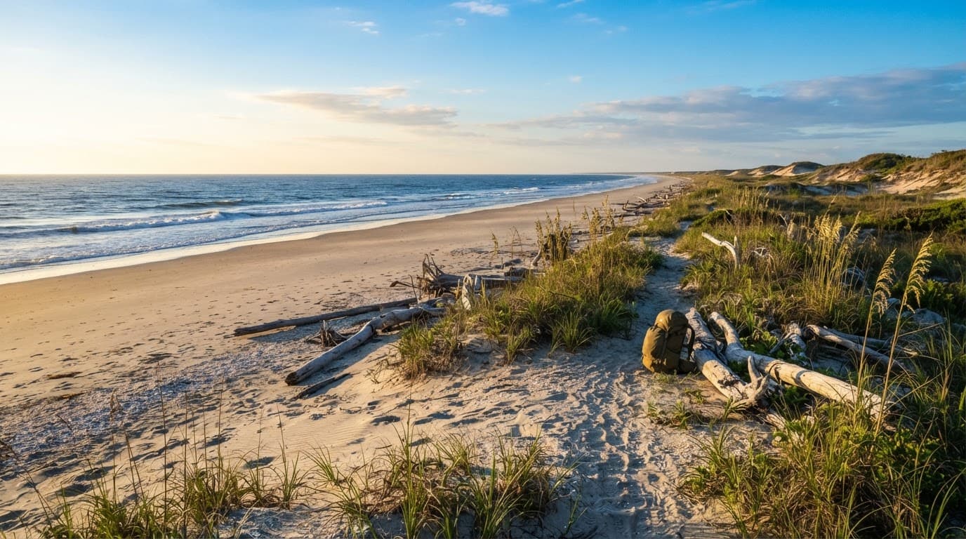 Empty backpack beside sea oats on a wide Cumberland Island beach.