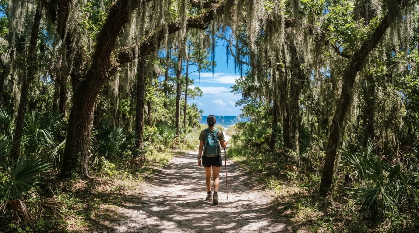 A lone hiker walks a sandy trail beneath moss-covered oak trees on Cumberland Island.