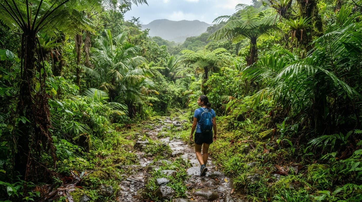 A lone hiker walks along a wet rainforest trail beneath tree ferns.