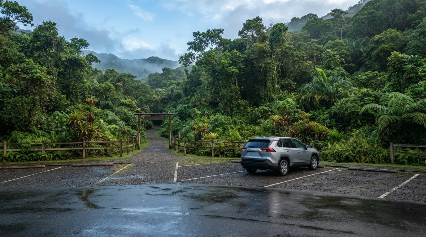 One rental car parked beside a wet rainforest trailhead in El Yunque.