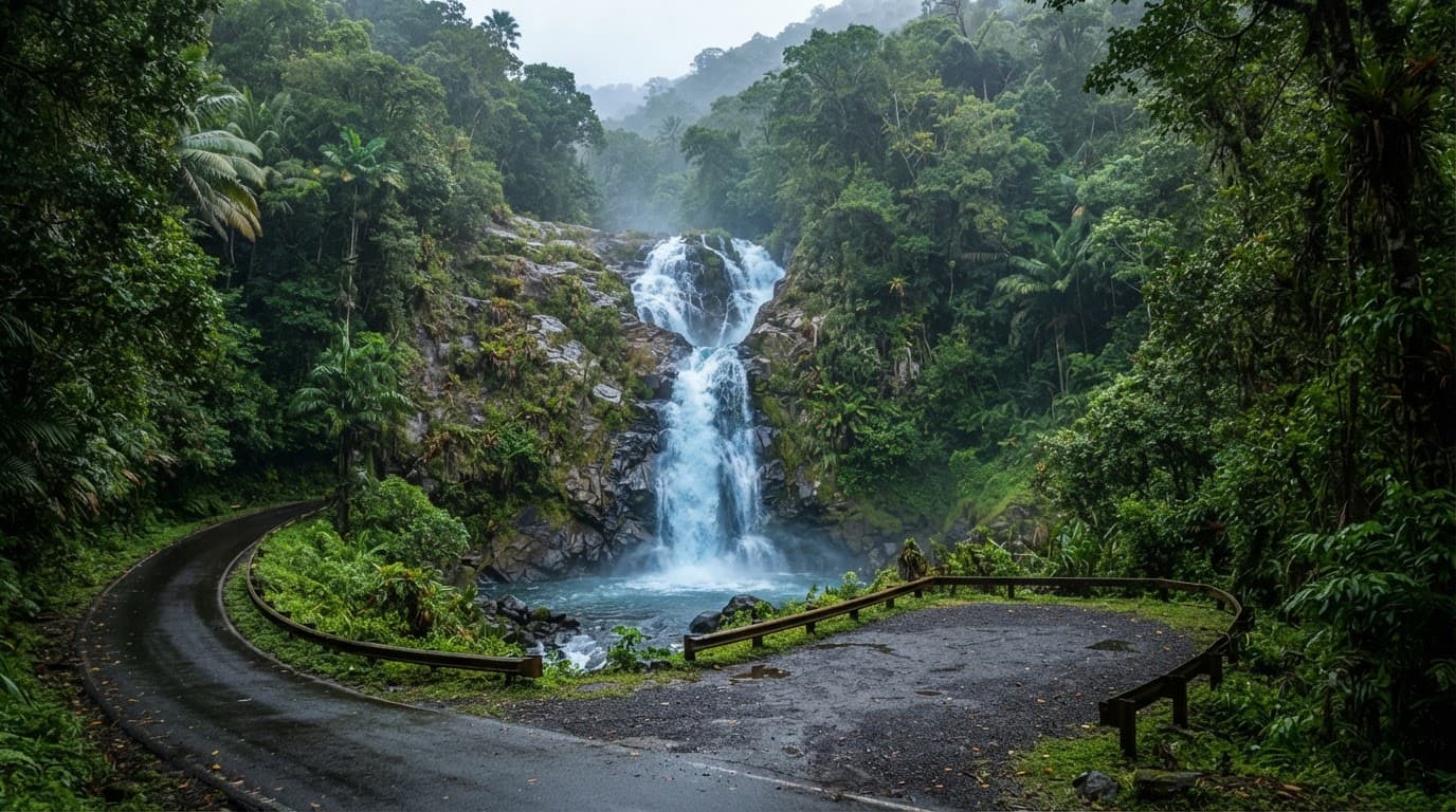 Blue waterfall beside a rainforest road in El Yunque National Forest.