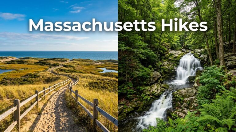 A Cape Cod dune trail appears beside a lush Berkshire waterfall and mossy rocks.