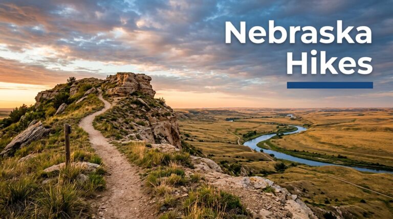 A hiking trail crosses a sandstone bluff above prairie and a winding river.